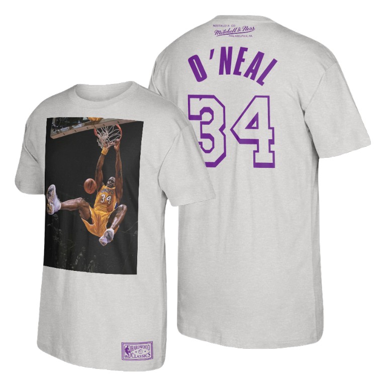 Men's Los Angeles Lakers Shaquille O'Neal #34 NBA Slam Dunk Spotlight Hardwood Classics White Basketball T-Shirt BWK4083QS